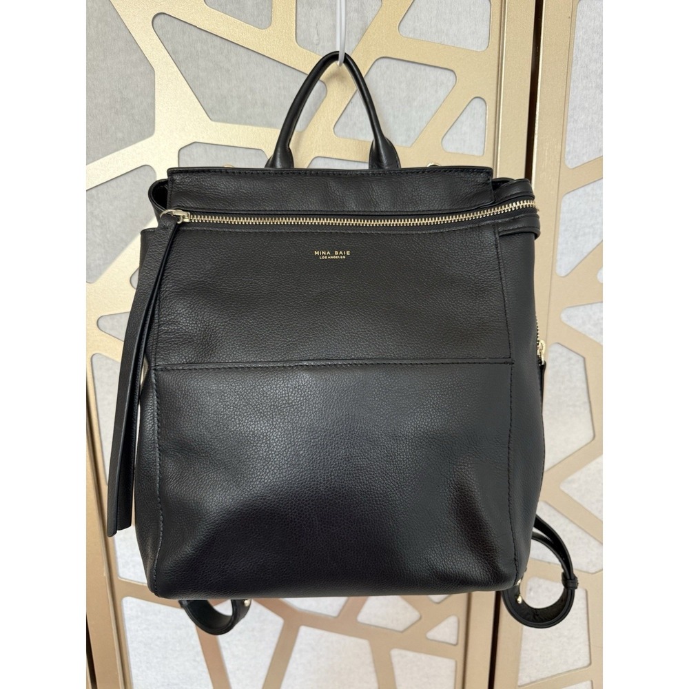 Mina Baie Harper Mini Black Gold Pebble Leather Travel Backpack Purse Diaper Bag